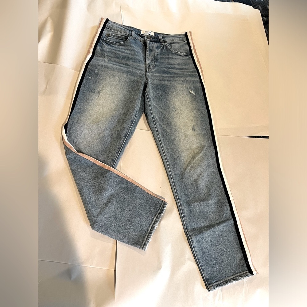 Pistola medium wash purposely distressed ribbon embellished jeans size 29